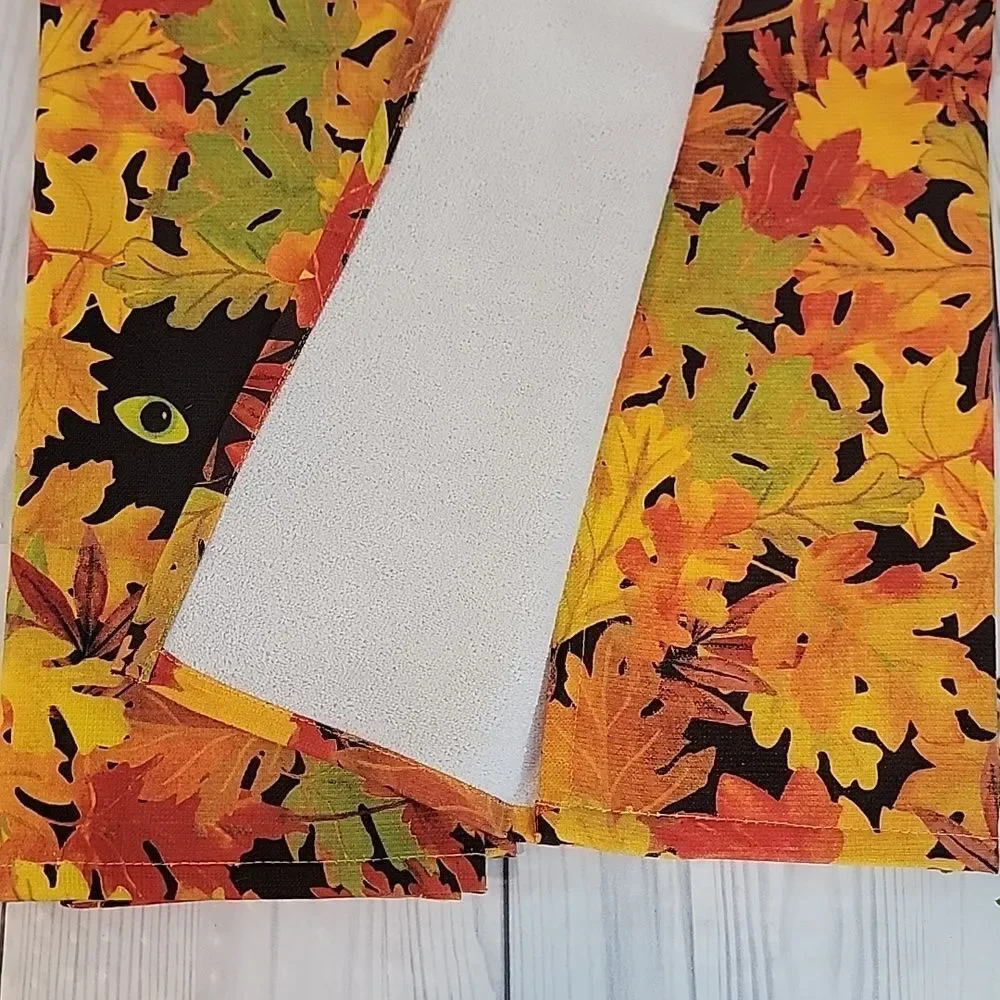 Kay Dee Designs Autumn Leaf Black Cat Print Kitchen Towels  NWOT  Set Of 2